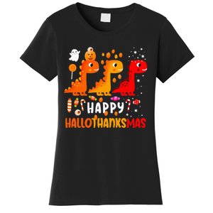 Dino Halloween Thanksgiving Christmas Happy Hallothanksmas Women's T-Shirt