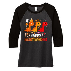 Dino Halloween Thanksgiving Christmas Happy Hallothanksmas Women's Tri-Blend 3/4-Sleeve Raglan Shirt