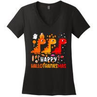 Dino Halloween Thanksgiving Christmas Happy Hallothanksmas Women's V-Neck T-Shirt