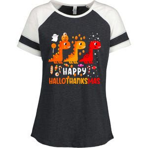 Dino Halloween Thanksgiving Christmas Happy Hallothanksmas Enza Ladies Jersey Colorblock Tee