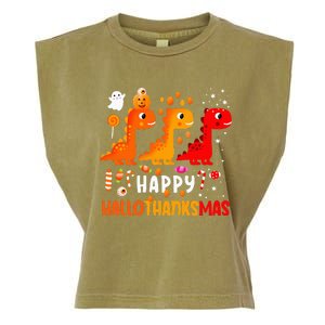 Dino Halloween Thanksgiving Christmas Happy Hallothanksmas Garment-Dyed Women's Muscle Tee