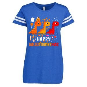 Dino Halloween Thanksgiving Christmas Happy Hallothanksmas Enza Ladies Jersey Football T-Shirt