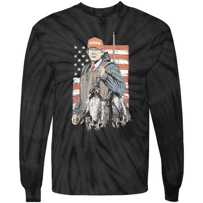 Duck Hunting Trump Camo Hello Hunting Season Us Flag Tie-Dye Long Sleeve Shirt