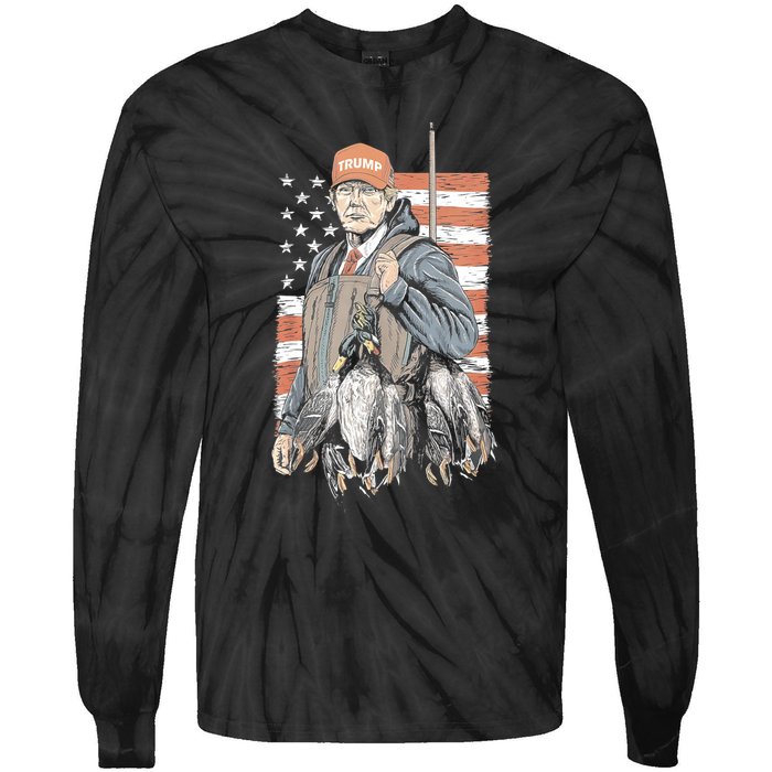 Duck Hunting Trump Camo Hello Hunting Season Us Flag Tie-Dye Long Sleeve Shirt