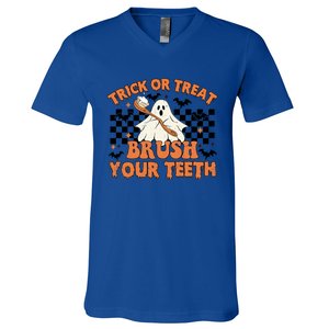 Dental Halloween Trick Or Treat Brush Your Teeth Funny Ghost Gift V-Neck T-Shirt