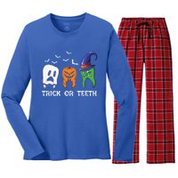 Dentist Halloween Trick Or Teeth Funny Dental Treat Cute Gift Women's Long Sleeve Flannel Pajama Set 