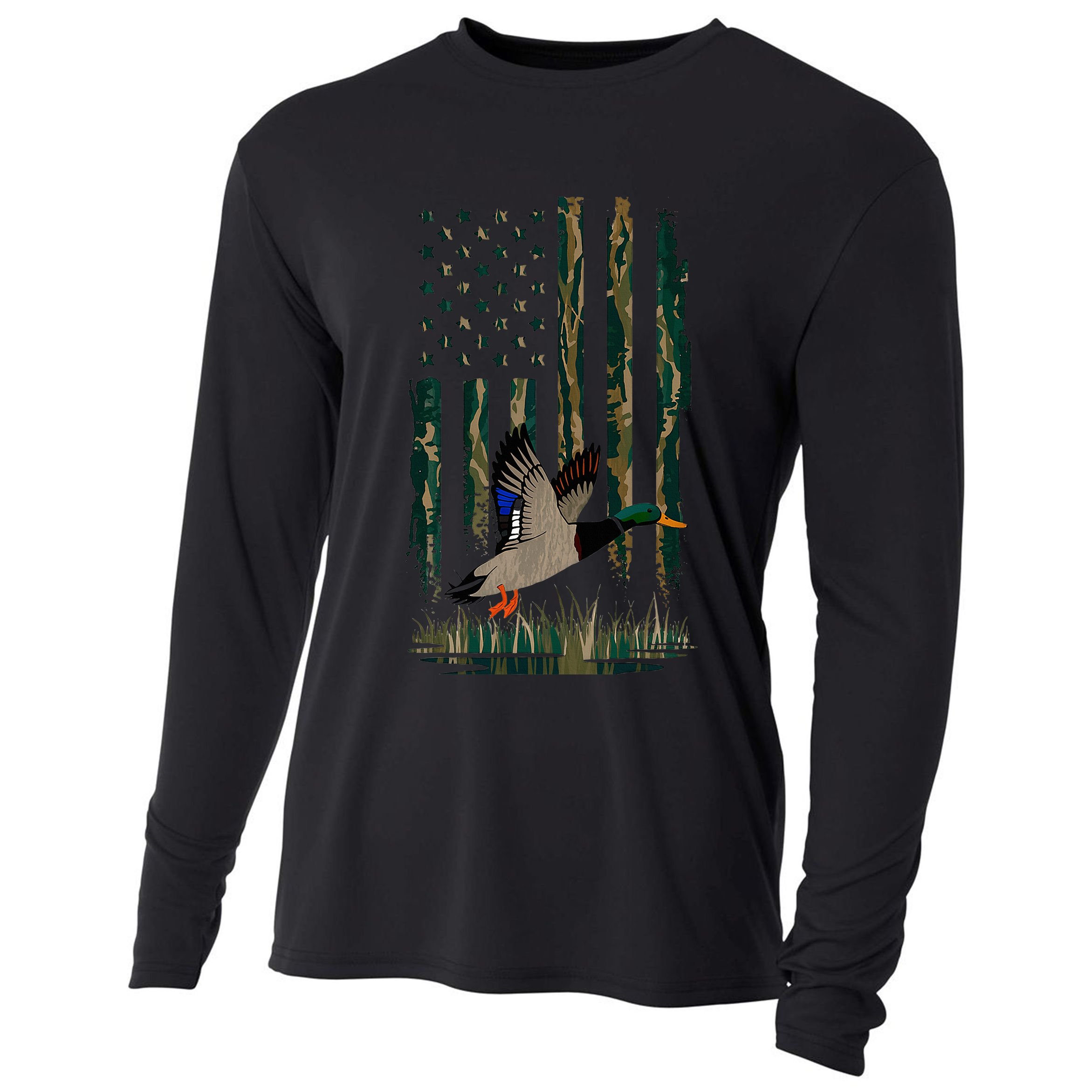 Duck Hunting Waterfowl Hunters Camo Flag Cooling Performance Long Sleeve Crew