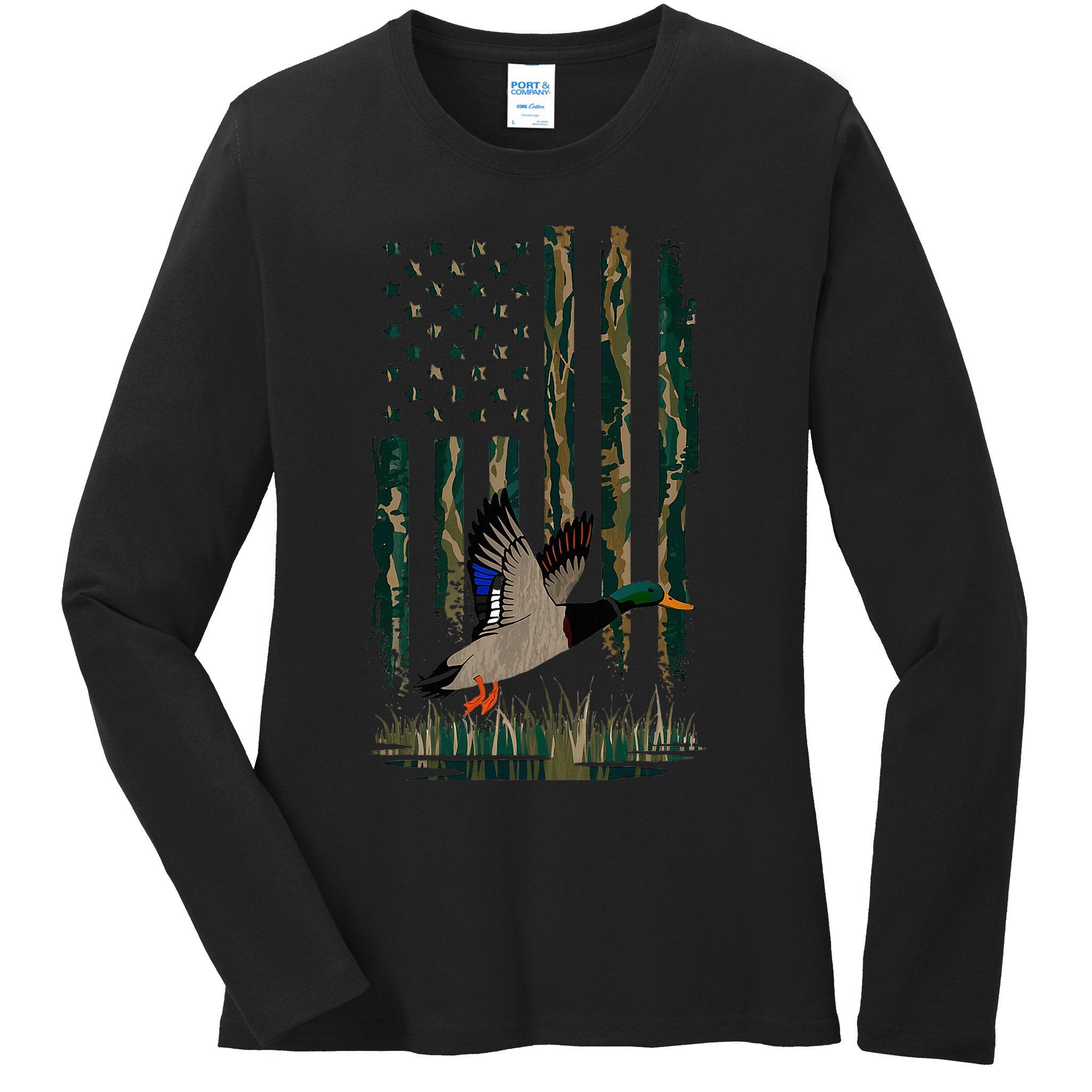 Duck Hunting Waterfowl Hunters Camo Flag Ladies Long Sleeve Shirt