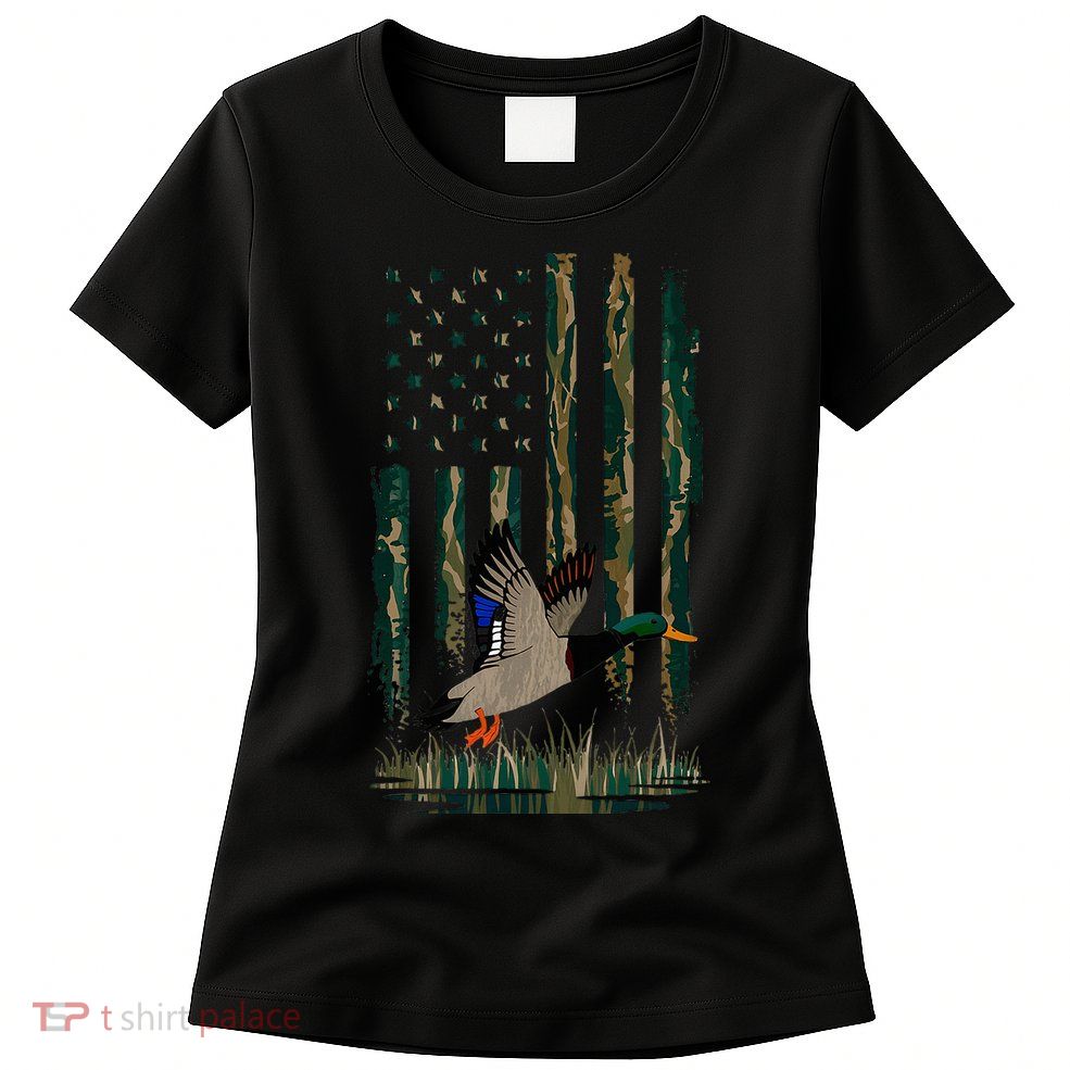Duck Hunting Waterfowl Hunters Camo Flag Womens T-Shirt
