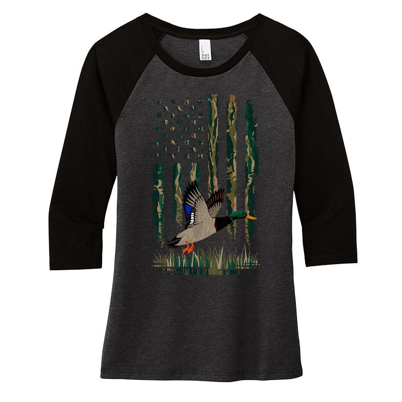 Duck Hunting Waterfowl Hunters Camo Flag Women's Tri-Blend 3/4-Sleeve Raglan Shirt