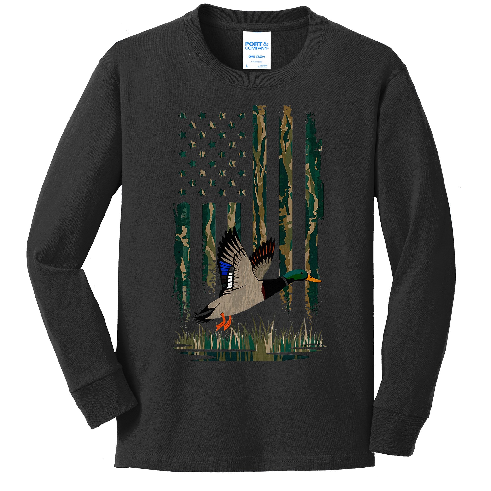 Duck Hunting Waterfowl Hunters Camo Flag Kids Long Sleeve Shirt