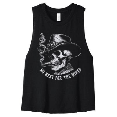 Dark Humor Western Garmentd Yed – Bold Skull And Cowboy Hat Graph Women's Racerback Cropped Tank