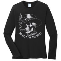 Dark Humor Western Garmentd Yed – Bold Skull And Cowboy Hat Graph Ladies Long Sleeve Shirt