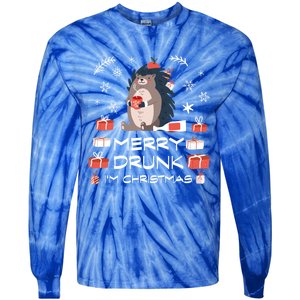 Drunk Hedgehog With Mulled Wine Merry Drunk IM Christmas Gift Tie-Dye Long Sleeve Shirt