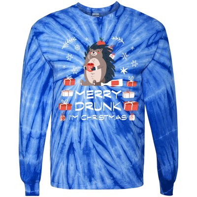 Drunk Hedgehog With Mulled Wine Merry Drunk IM Christmas Gift Tie-Dye Long Sleeve Shirt