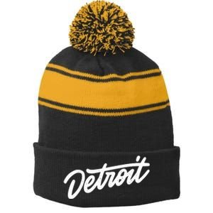 Detroit Hand Written Script Logo Stripe Pom Pom Beanie