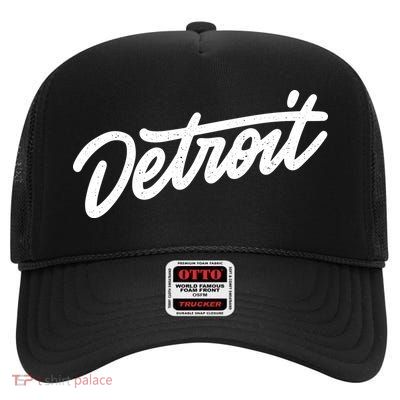 Detroit Hand Written Script Logo High Crown Mesh Back Trucker Hat