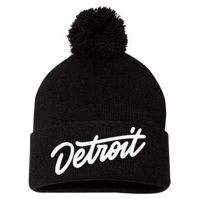 Detroit Hand Written Script Logo Pom Pom 12in Knit Beanie