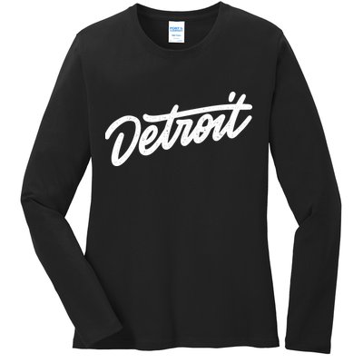 Detroit Hand Written Script Logo Ladies Long Sleeve Shirt