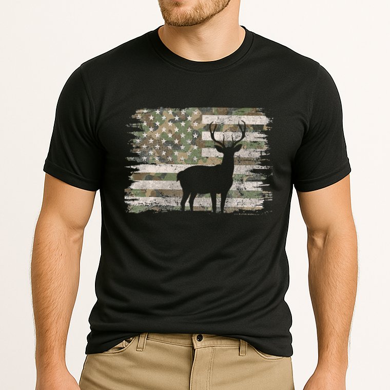 Deer Hunting Whitetail Camo American Us Flag Elk Buck Cooling Performance Crew T-Shirt