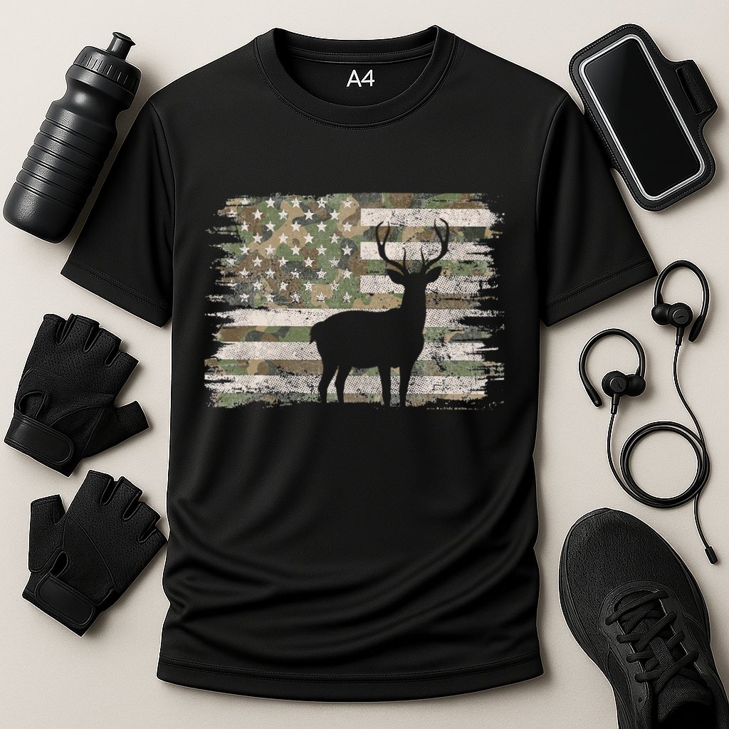 Deer Hunting Whitetail Camo American Us Flag Elk Buck Cooling Performance Crew T-Shirt