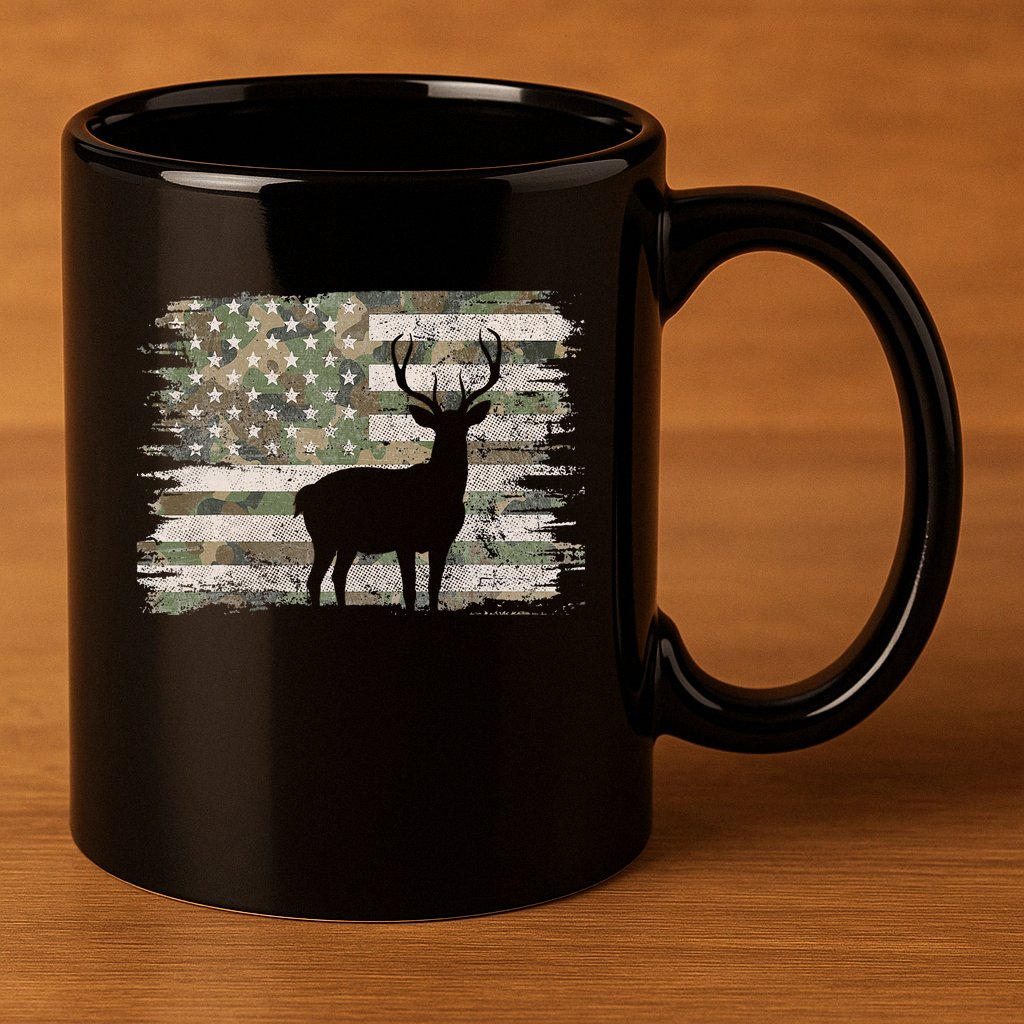 Deer Hunting Whitetail Camo American Us Flag Elk Buck 11oz C Handle Ceramic Mug