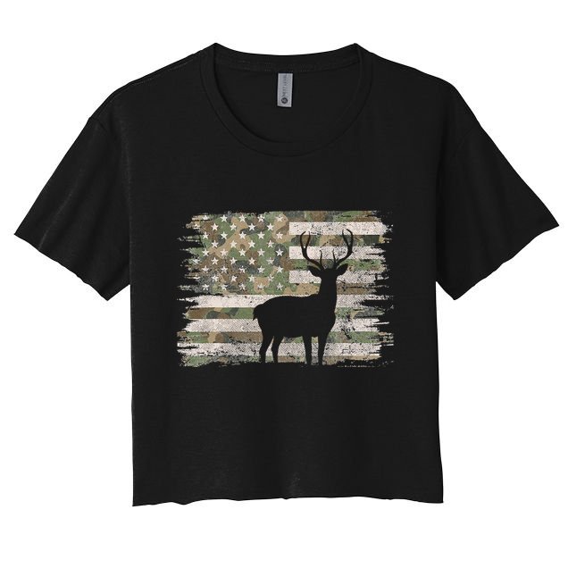Deer Hunting Whitetail Camo American Us Flag Elk Buck Crop Top