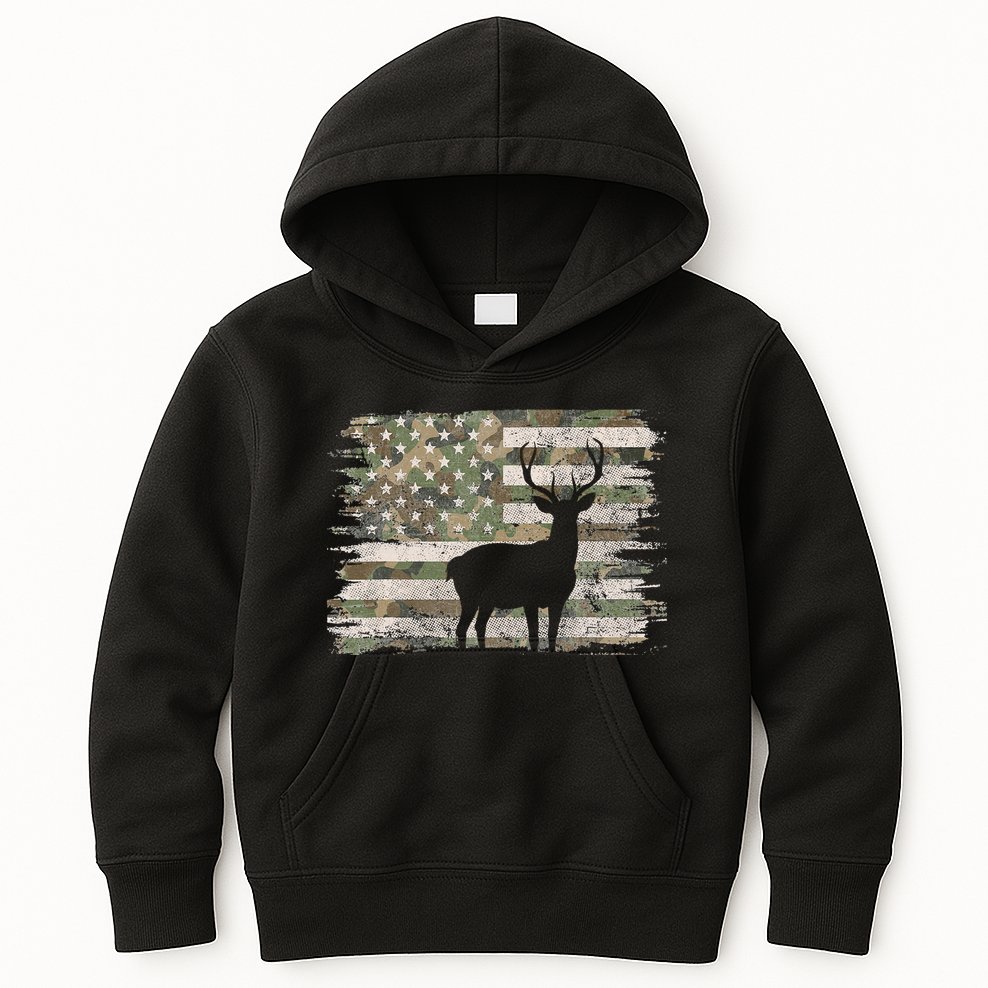Deer Hunting Whitetail Camo American Us Flag Elk Buck Kids Hoodie