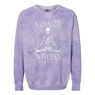 Distressed Halloween Yoga Skeleton Namaste Witches Colorblast Crewneck Sweatshirt