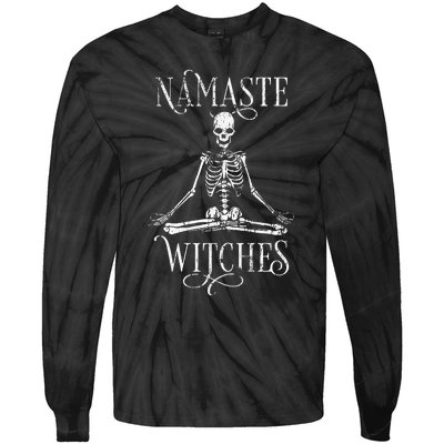 Distressed Halloween Yoga Skeleton Namaste Witches Tie-Dye Long Sleeve Shirt