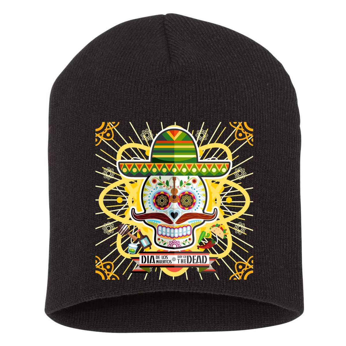 Dia De Los Muertos Day of the Dead Sugar Skull Short Acrylic Beanie