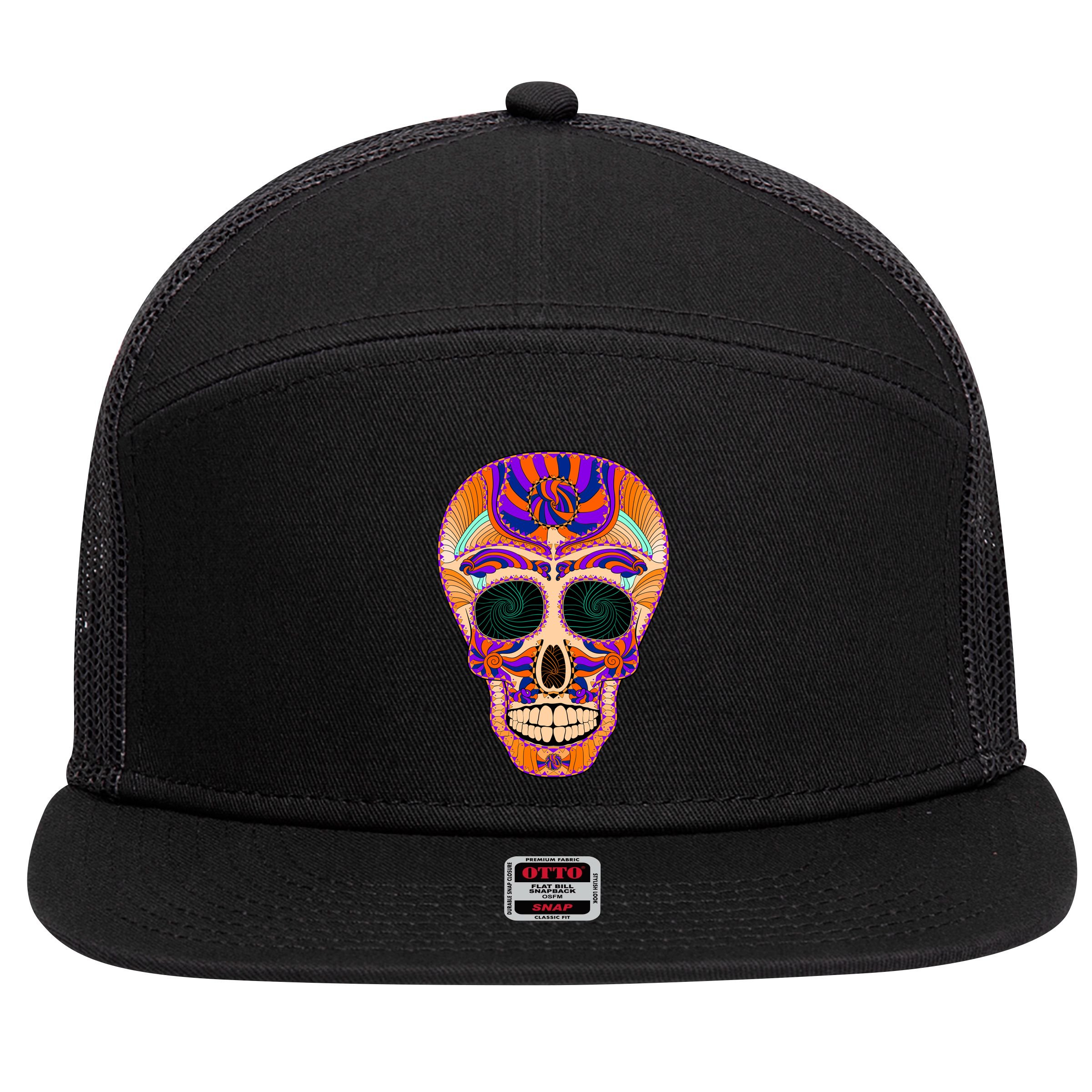 Dia de Muertos Mexican Skull 7 Panel Mesh Trucker Snapback Hat