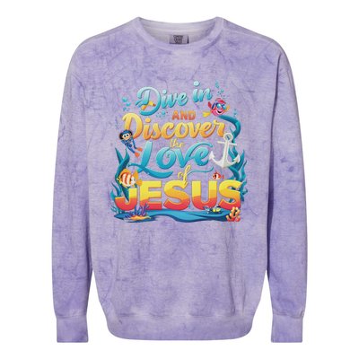 Dive In And Discover The Love Of Jesus Scuba Diving Vbs 2024 Colorblast Crewneck Sweatshirt