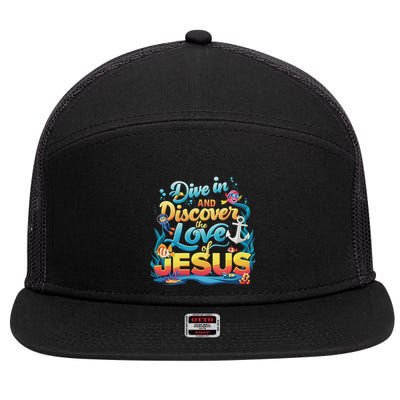 Dive In And Discover The Love Of Jesus Scuba Diving Vbs 2024 7 Panel Mesh Trucker Snapback Hat