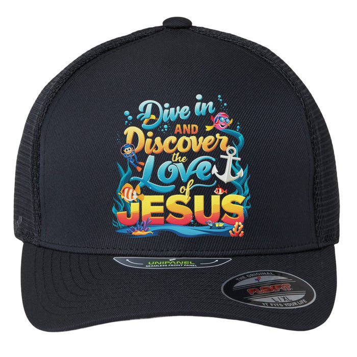 Dive In And Discover The Love Of Jesus Scuba Diving Vbs 2024 Flexfit Unipanel Trucker Cap