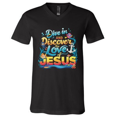 Dive In And Discover The Love Of Jesus Scuba Diving Vbs 2024 V-Neck T-Shirt