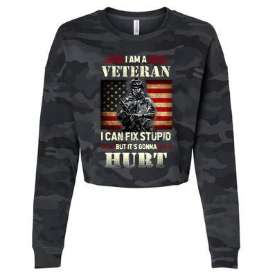 Distressed I Am A Veteran I Can Fix Stupid Veterans Day Cropped Pullover Crew