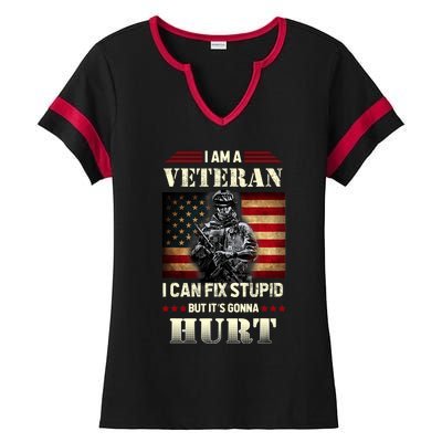 Distressed I Am A Veteran I Can Fix Stupid Veterans Day Ladies Halftime Notch Neck Tee