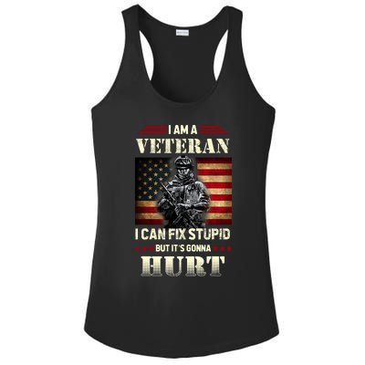 Distressed I Am A Veteran I Can Fix Stupid Veterans Day Ladies PosiCharge Competitor Racerback Tank