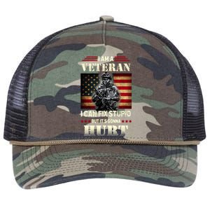 Distressed I Am A Veteran I Can Fix Stupid Veterans Day Retro Rope Trucker Hat Cap