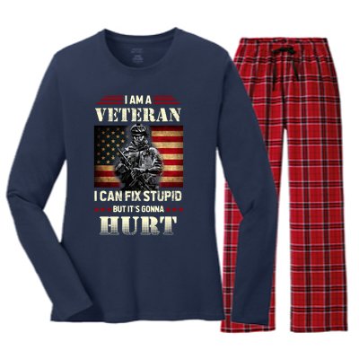 Distressed I Am A Veteran I Can Fix Stupid Veterans Day Women's Long Sleeve Flannel Pajama Set 