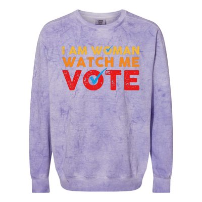 Distressed I Am Woman Watch Me Vote Colorblast Crewneck Sweatshirt