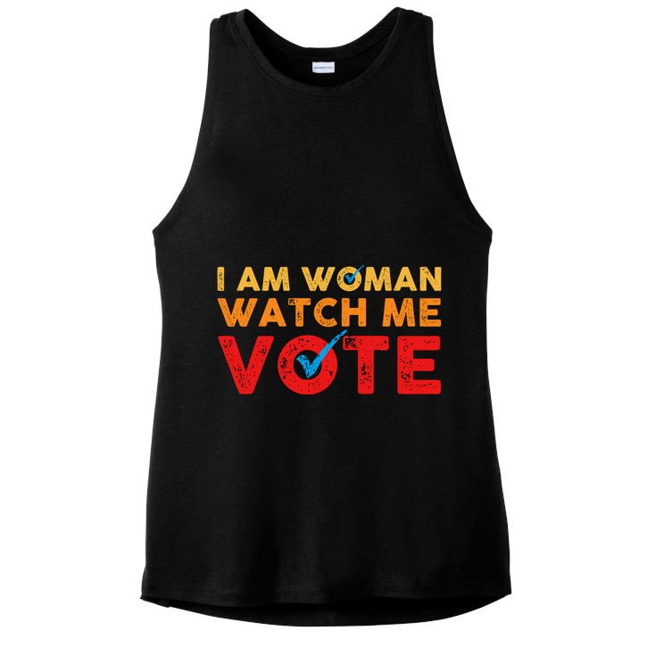 Distressed I Am Woman Watch Me Vote Ladies PosiCharge Tri-Blend Wicking Tank