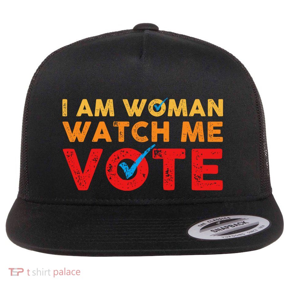 Distressed I Am Woman Watch Me Vote Flat Bill Trucker Hat
