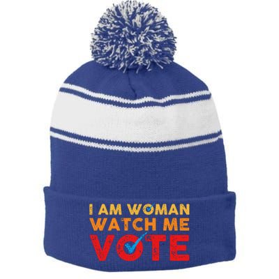 Distressed I Am Woman Watch Me Vote Stripe Pom Pom Beanie