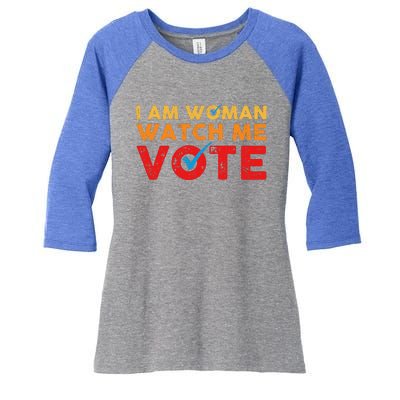 Distressed I Am Woman Watch Me Vote Women's Tri-Blend 3/4-Sleeve Raglan Shirt