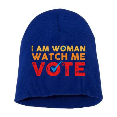 Distressed I Am Woman Watch Me Vote Short Acrylic Beanie