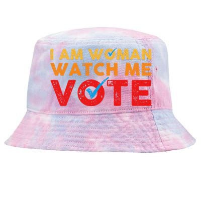 Distressed I Am Woman Watch Me Vote Tie-Dyed Bucket Hat