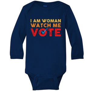 Distressed I Am Woman Watch Me Vote Baby Long Sleeve Bodysuit