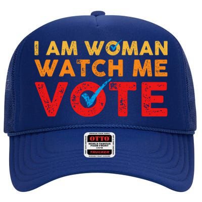 Distressed I Am Woman Watch Me Vote High Crown Mesh Back Trucker Hat